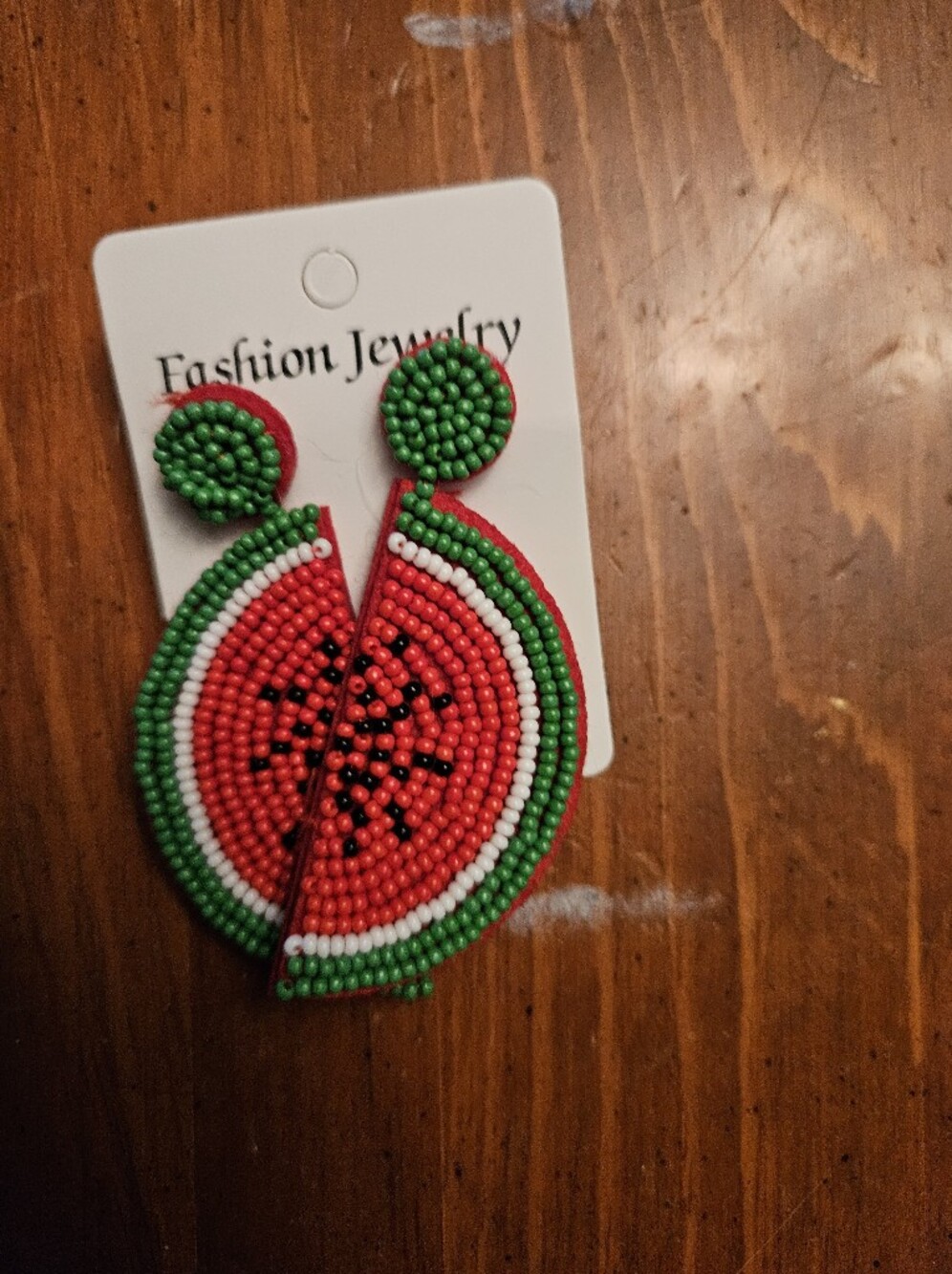 Nwt Fashion Jewelry Red & Green Beaded Watermelon Slice Earrings